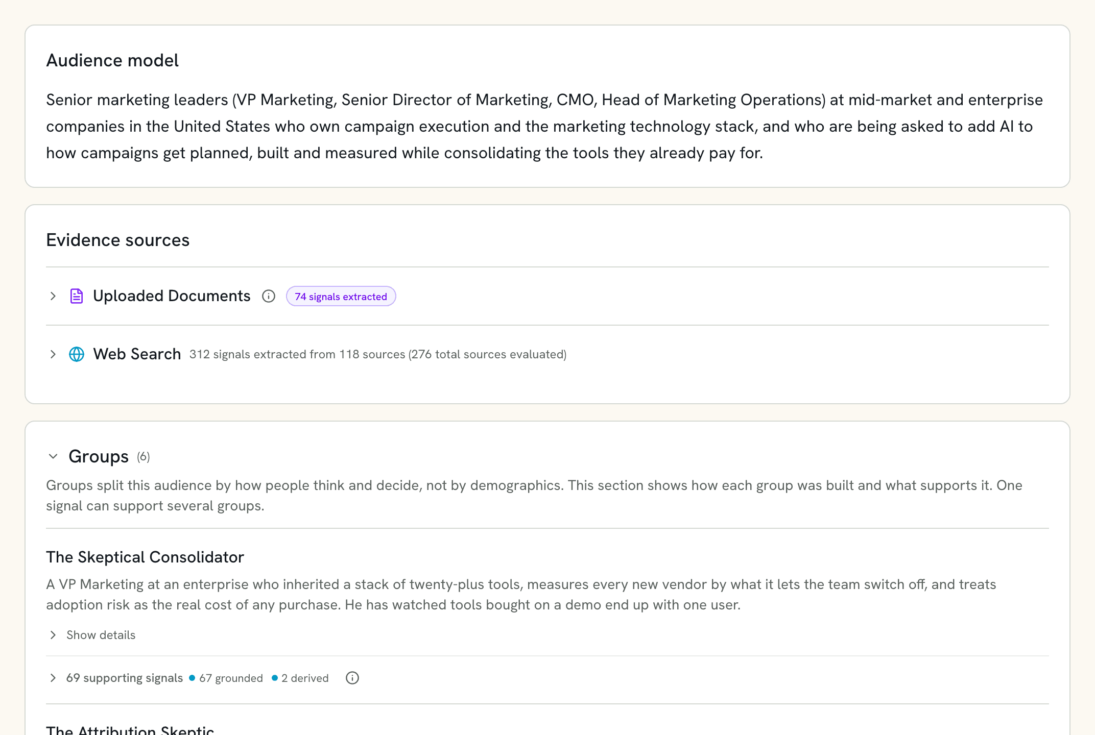 The audience page for a study of marketing leaders: the audience model, the evidence sources (an uploaded survey and 118 web sources), and the first of six groups with its supporting signal count.