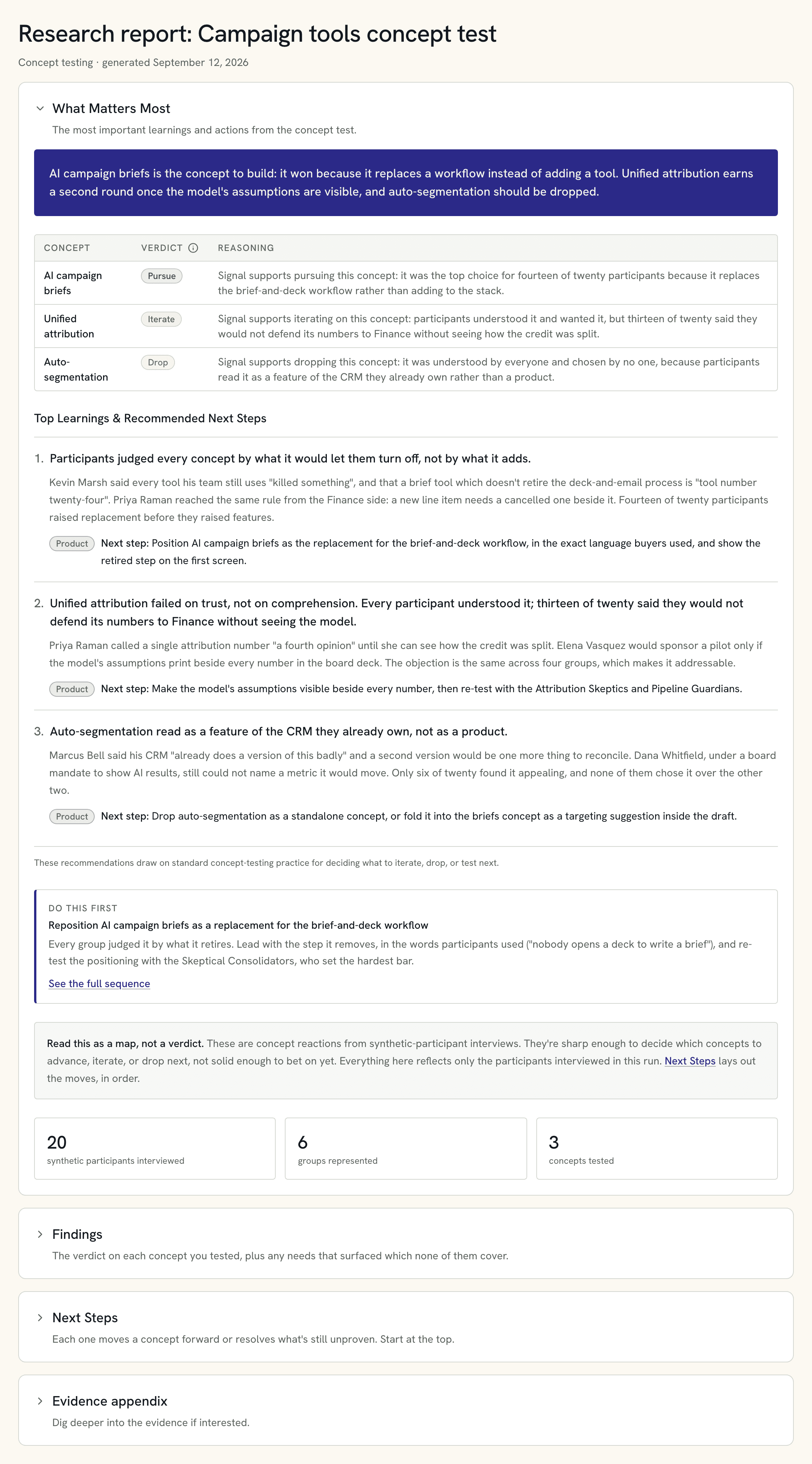 A concept-test report scrolling from its headline and decision table down to its Next Steps section, which opens to show three sequenced steps: reposition the winning concept, fix the one objection on the second, drop the third.